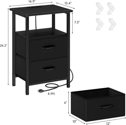 Miniatura 3 de Vagusicc Nightstand with Charging Station, End Table Bedside Table with 2 Fabric Drawers, Black Night Stand with USB Ports & Outlets, 24.2" Tall Bed