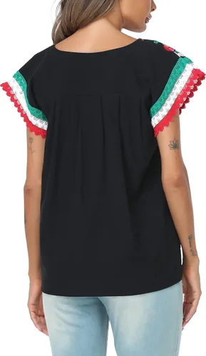 Miniatura 7 de YZXDORWJ Blusa tradicional colorida con encaje bordado mexicano para mujer, camiseta tricolor para el día de la independencia mexicana
