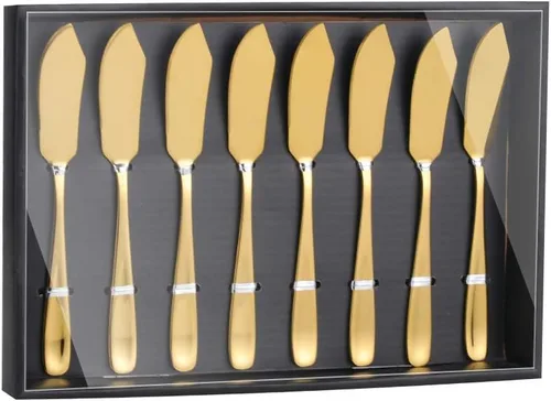 Buyer Star Juego de 8 cuchillos de mantequilla, juego de esparcidor de queso dorado de acero inoxidable 18/10 en caja de regalo negra para fiestas,
