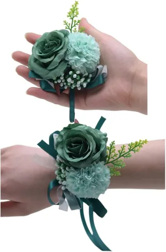 Rikyo Juego de 2 ramilletes de muñeca de flores de rosas y flores de seda para novia y novio, decoración de pasteles y fiestas (verde negruzco)