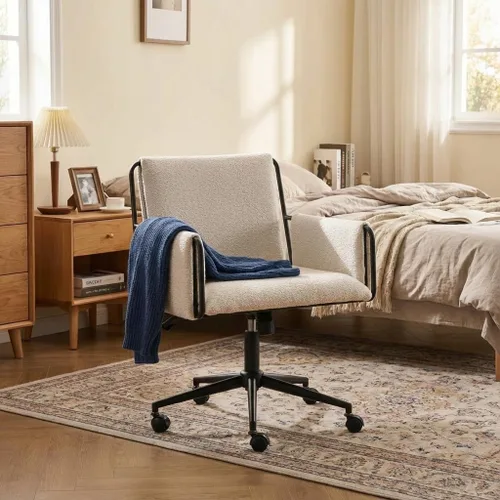 Miniatura 5 de YOUNIKE Silla de oficina en casa con brazos, silla de escritorio moderna con ruedas, sillas de tocador de tela con cómodas patas cruzadas traseras
