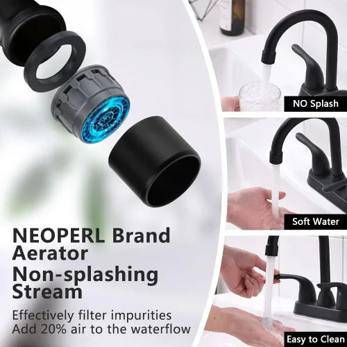 Miniatura 4 de Grifo de baño negro mate de dos asas, boquilla giratoria con montaje de drenaje emergente, arco alto, con mangueras de suministro de agua, fácil