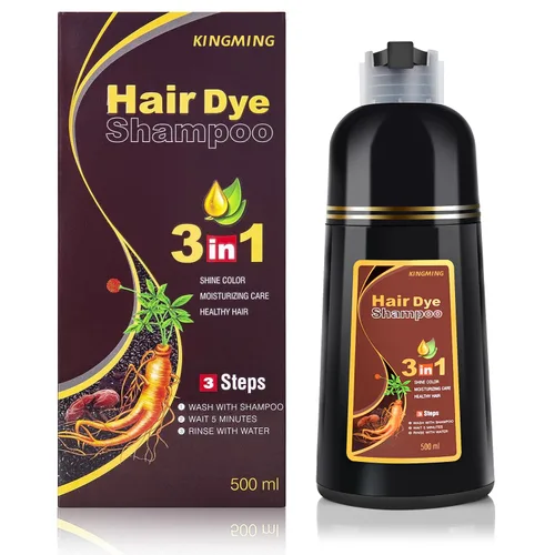 KINGMING Champú de color instantáneo a base de hierbas marrón oscuro para cobertura de cabello gris para mujeres y hombres - 3 en 1 Champu Con Tinte