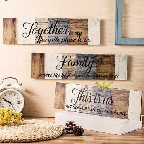 Miniatura 6 de Jetec Letrero de madera familiar de 3 piezas con texto en inglés "This Is Us", decoración rústica de madera para el hogar, decoración de pared Marrón