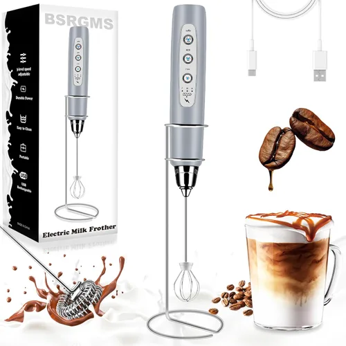 Miniatura 8 de BSRGMS Espumador de leche de mano con soporte, batidor eléctrico de 3 velocidades ajustables, mezclador de bebidas con 3 batidores de acero Blanco