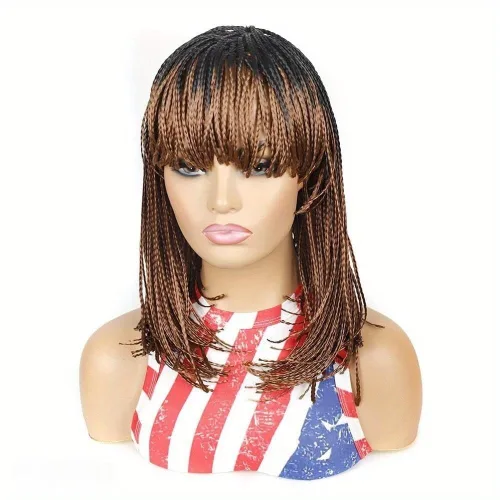 Miniatura 9 de Peluca trenzada de caja sintética corta estilo Bob, peluca trenzada con flequillo, peluca trenzada Cornrow para mujeres negras (12 pulgadas, 1BH30#)