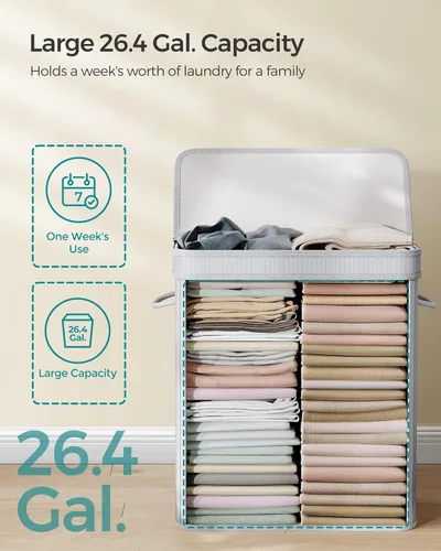 Miniatura 5 de SONGMICS Cesta de ropa sucia con tapa, Cesta de bambú para ropa sucia, Cesta de lavandería extraíble lavable a máquina, con asas, 26.4 galones