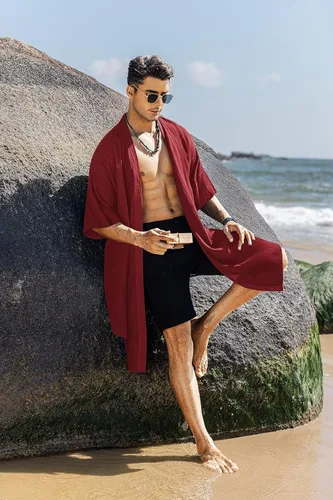 Miniatura 3 de COOFANDY Cárdigan de algodón con cuello de chal con volantes para hombre, chaqueta larga tipo kimono con parte delantera abierta