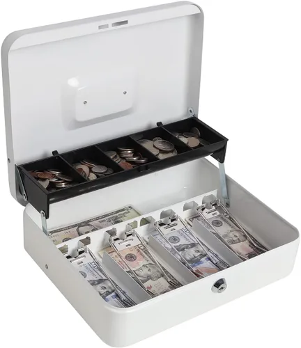 Miniatura 9 de Decaller Caja grande en voladizo con cerradura de combinación, caja de dinero de metal con 5 compartimentos para monedas y 4 clips para billetes