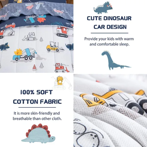 Miniatura 4 de DJY Juego de ropa de cama de algodón tamaño Twin, juego de edredón reversible de dinosaurios y autos para niños y niñas, 4 piezas de cama en una