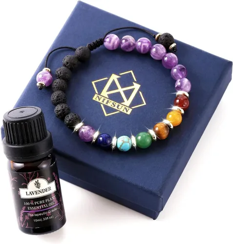 7 Chakra Bracelet Real Crystal Stone Beads Essential Oil Set Yoga Meditation Protection Lava Rock Jewelry Gifts for Women Men