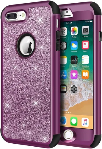 Miniatura 20 de Hython Defender con brillantina, carcasa rígida híbrida, a prueba de golpes, goma para iPhone 7 Plus y 8 Plus, Negro Oscuro