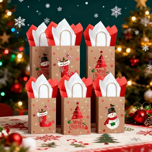 Miniatura 7 de Funrous 16 bolsas de regalo de Navidad a granel con asas y papel de seda, bolsas de golosinas de Navidad para regalos de dulces, envoltura de papel