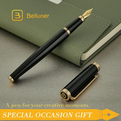 Miniatura 7 de BEILUNER Pluma estilográfica negra, impresionantes plumas de lujo con detalles de oro de 24 quilates, hermosa plumilla dorada de 24 quilates Negro