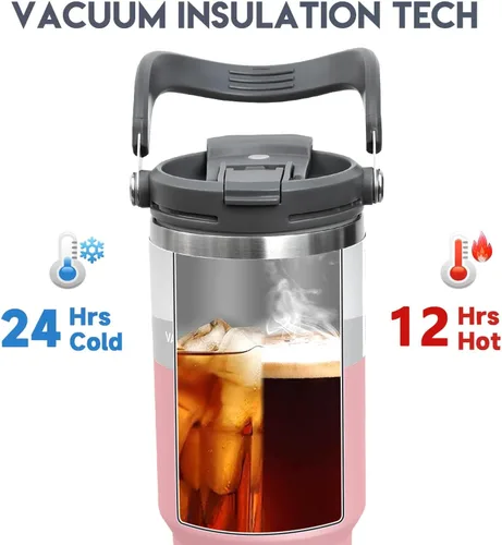 Miniatura 2 de Vaso de 30 oz con asa, vaso aislado con tapa 2 en 1 y pajilla, botella de agua de acero inoxidable de doble pared a prueba de fugas, taza para café
