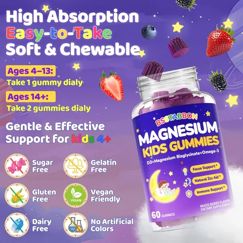 Miniatura 7 de Gomitas de glicinato de magnesio para niños de más de 4 años: extra fuerte, sin melatonina, bisglicinato de magnesio, 100 mg 200 mg Suplemento