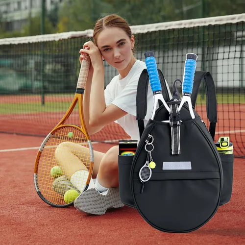 Miniatura 8 de Mochila de Tenis con Soporte para 2 Raquetas, Bolsa de Raqueta de Tenis de Cuero PU Resistente al Agua para Mujeres y Hombres, Mochila Deportiva