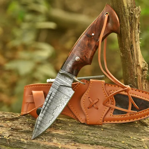 Cuchillo de caza de 10 pulgadas – Cuchillos de hoja fija hechos a mano de acero de Damasco – Mango de madera de nogal y funda de cuero – Cuchillo de