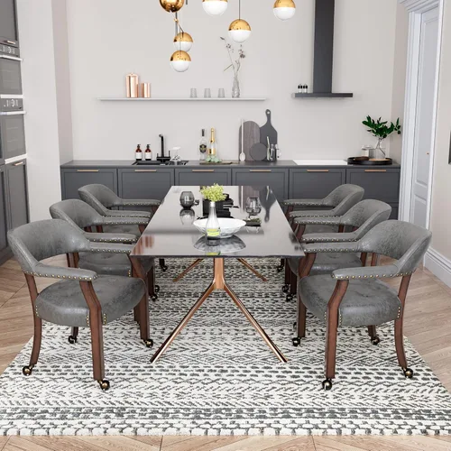 Miniatura 67 de Juego de 8 sillas de cuero de comedor con ruedas y brazos, silla de capitán Accent con ruedas, sillas de madera con ruedas enrollables para cocina