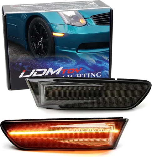 iJDMTOY Kit de montaje de luz de marcador lateral de guardabarros delanteros LED ámbar ahumado oscuro compatible con Infiniti G35 Coupe 2003-2007,