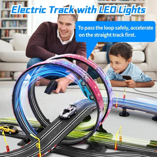 Miniatura 2 de Juego de pistas de carreras de autos de tragamonedas, pista eléctrica de 19 pies con luces LED y 4 autos de tragamonedas, 2 controladores de mano