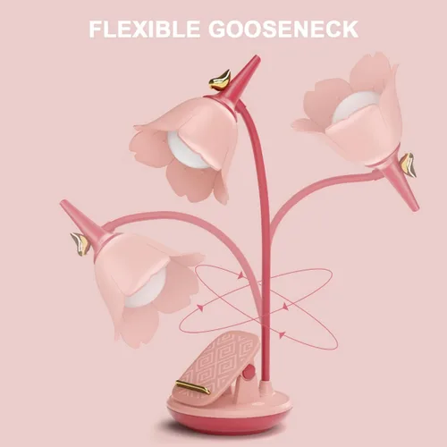 Miniatura 6 de Lámpara de escritorio rosa con abrazadera, lámpara LED pequeña recargable, cuello de cisne ajustable, regulable, linda para dormitorio de niñas