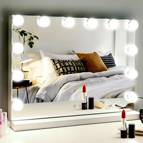 M MIVONDA Espejo de tocador con luces, espejo de maquillaje iluminado de Hollywood con bombillas LED regulables de 3 colores para escritorio y