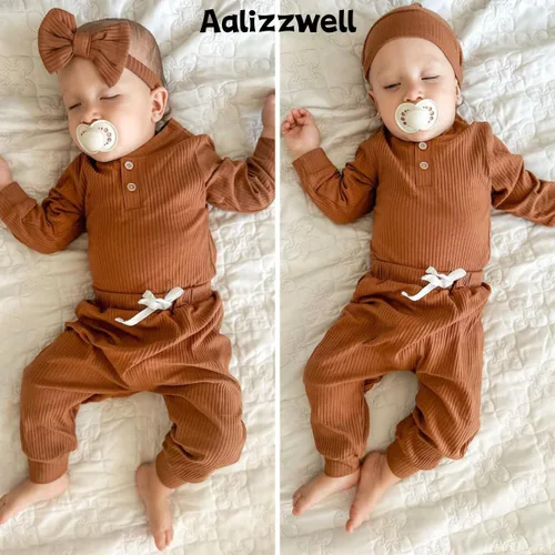 Miniatura 2 de Aalizzwell Traje acanalado de manga larga neutral para bebé con sombrero y diadema
