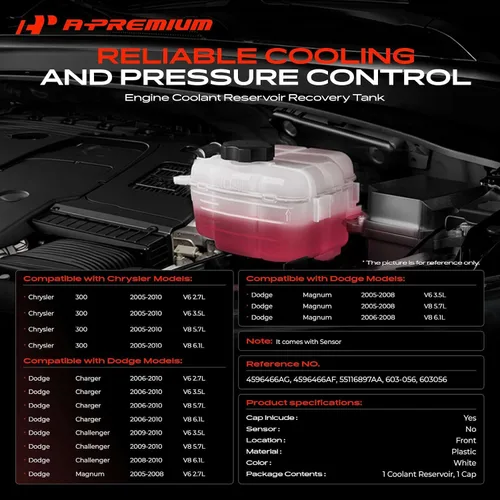 Miniatura 2 de A-Premium Tanque de depósito de recuperación de desbordamiento de refrigerante del motor presurizado delantero [con tapa y tubería] Compatible