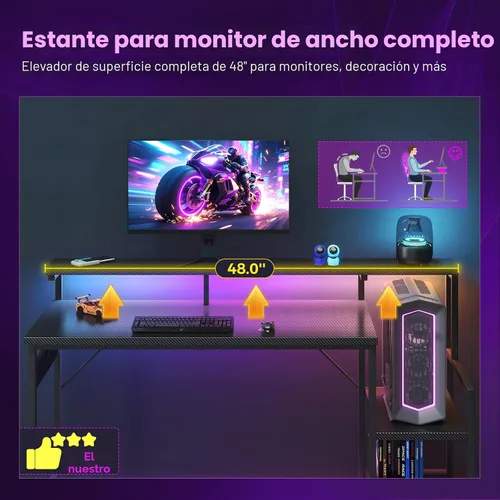 Miniatura 7 de AODK Escritorio para computadora, escritorio para juegos de 48 pulgadas con luces LED y toma de corriente, escritorio de oficina con estantes