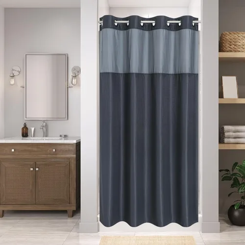 Miniatura 19 de eachope Cortina de ducha negra sin gancho con forro de tela a presión, cortinas de ducha de tejido gofre para baño, juego de cortinas de baño