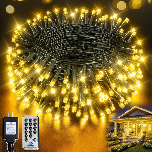 Guirnalda de 200 luces LED de color blanco cálido, cable verde oscuro, 8 modos de temporizador, IP44, impermeable, para interiores y exteriores,