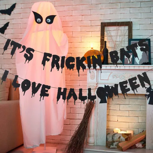 Miniatura 2 de Cartel de Halloween con purpurina negra con texto en inglés "It's Frickin Bats I Love", pancarta de murciélagos de Halloween espeluznante
