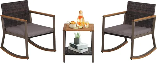 Miniatura 12 de HAPPYGRILL Juego de 3 sillas mecedoras para patio al aire libre con mesa auxiliar, muebles de mimbre de ratán, juego de conversación para jardín