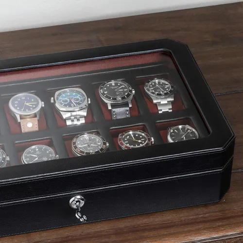 Miniatura 6 de ROTHWELL Caja de reloj de cuero con 12 ranuras, organizador de lujo para relojes, forro de microgamuza, soporte para relojes de joyería para hombre