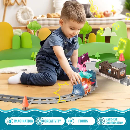 Miniatura 5 de MORECOLL Juego de Tren Eléctrico para Niños Pequeños y Niños con Música, Luces y Vías - Primer Tren Choo Choo, Conexión Magnética, Regalos