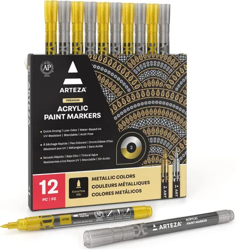 ARTEZA Marcadores de pintura acrílica metálica, juego de 12 (6 dorados + 6 plateados), puntas extrafinas de 0.069 pulgadas, bolígrafos de pintura a