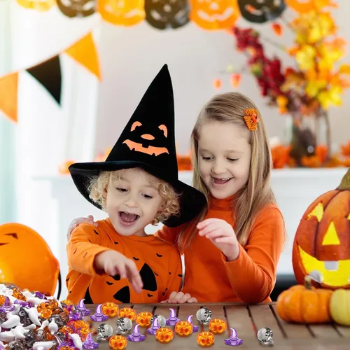 Miniatura 5 de 120 piezas de sombreros de bruja pequeños de calabaza acrílica, cabeza de calavera, huesos de esqueleto, lindos adornos de fantasma, mini acrílico
