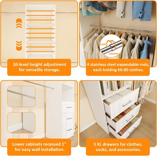 Miniatura 4 de Sistema de armario con 3 cajones, organizador de armario de 5 pies a 8 pies y almacenamiento con 4 varillas para colgar expandibles, sistema