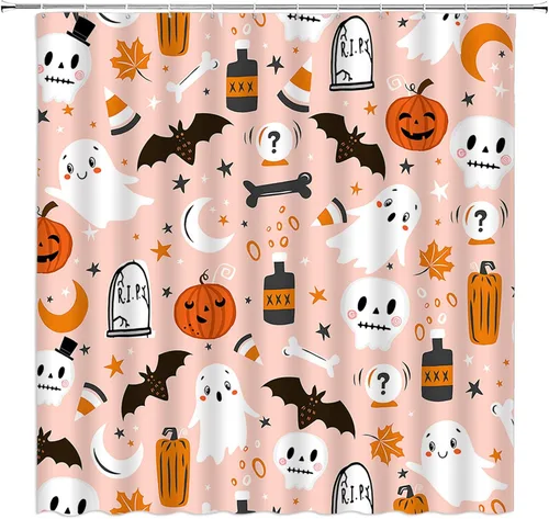 Miniatura 3 de Cortina de ducha de fantasma de Halloween, espeluznante calabaza rosa, murciélago, bruja, calavera, bohemio, gótico, alquimia, aterradora