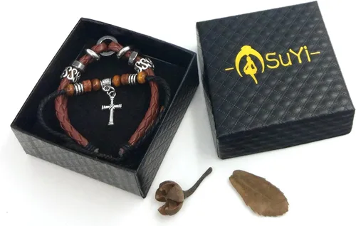 Miniatura 7 de Suyi brazalete ajustable con varias capas, de cuero tejido trenzado con cruz. Pulsera tipo esclava.