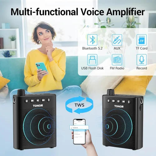 Miniatura 6 de TONOR Amplificador de voz portátil para profesores, mini sistema recargable con micrófono de auriculares con cable de 39.4 in/3 pies y cintura