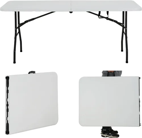 HKLGorg Mesa de comedor plegable de plástico resistente para interiores y exteriores, de 6 pies, fácil de montar con función de bloqueo, color Blanco
