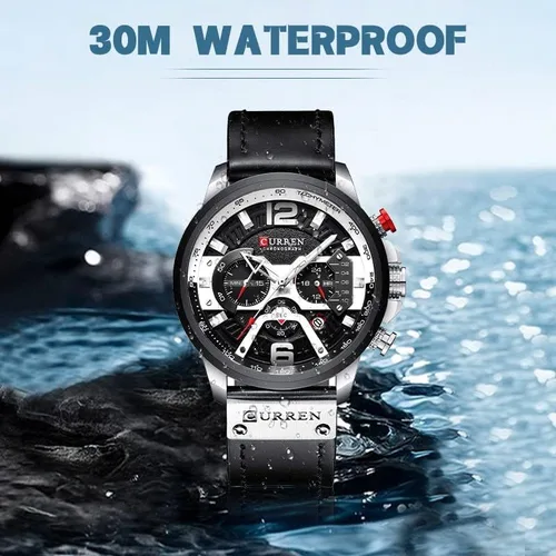 Miniatura 3 de Reloj de pulsera analógico de cuarzo para hombre, cronógrafo, impermeable, correa de cuero, correa de cuero, reloj de pulsera