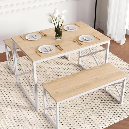 Miniatura 15 de VECELO Juego de mesa de comedor de cocina de 43.3 pulgadas para 4, marco de acero resistente y mesa de grano de madera, juegos de comedor que