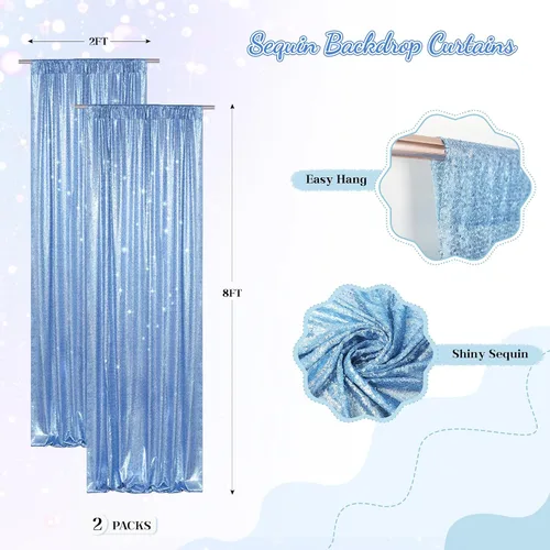 Miniatura 2 de PartyDelight Cortinas de fondo de lentejuelas color azul bebé, 2 paneles de 2 x 8 pies, alta densidad de 0.118 in, fondo de lentejuelas brillantes