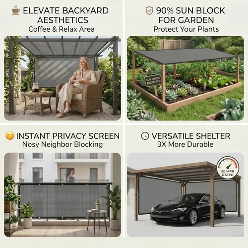 Miniatura 9 de FAIR WIND - Tela de Sombra 90% de Protección Solar, Pantalla de Privacidad, Cobertura para Patio, Toldo con Ojales, Red de Sombra para Jardín, Gris