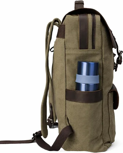 Miniatura 3 de Mochila de lona vintage con cuero de vaca de grano superior, bolsa de trabajo para portátiles de 16 pulgadas, Verde militar, Mochilas de viaje