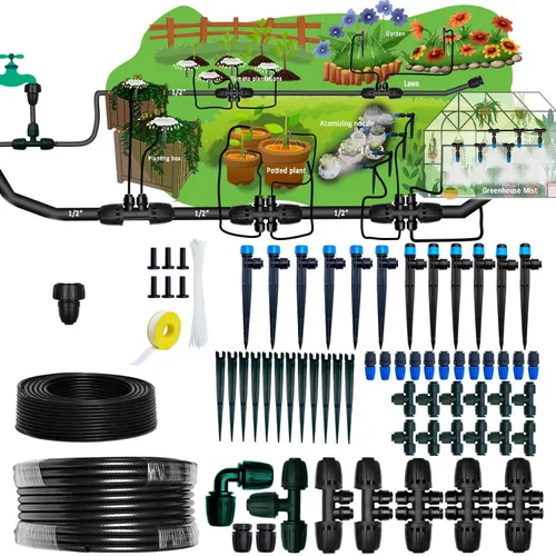 Miniatura 10 de Kit de riego por goteo Sistema de riego automático con temporizador de agua de 64 pies con tubo de 1/4 y 12 boquillas de riego de lluvia en 4
