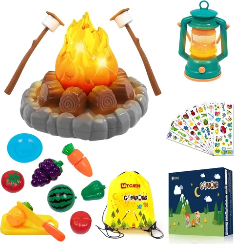 Set de juguetes para pretender que se acampa, incluye fogata, malvaviscos, linterna de aceite, frutas en rodajas; juguetes de interior y exterior
